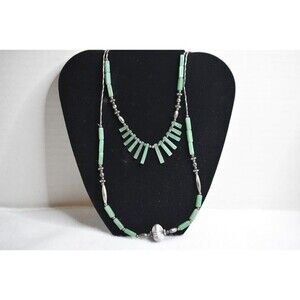 Charming Double Strand Faux Jade Silver Tone Long Beaded  Hook Latch Necklace